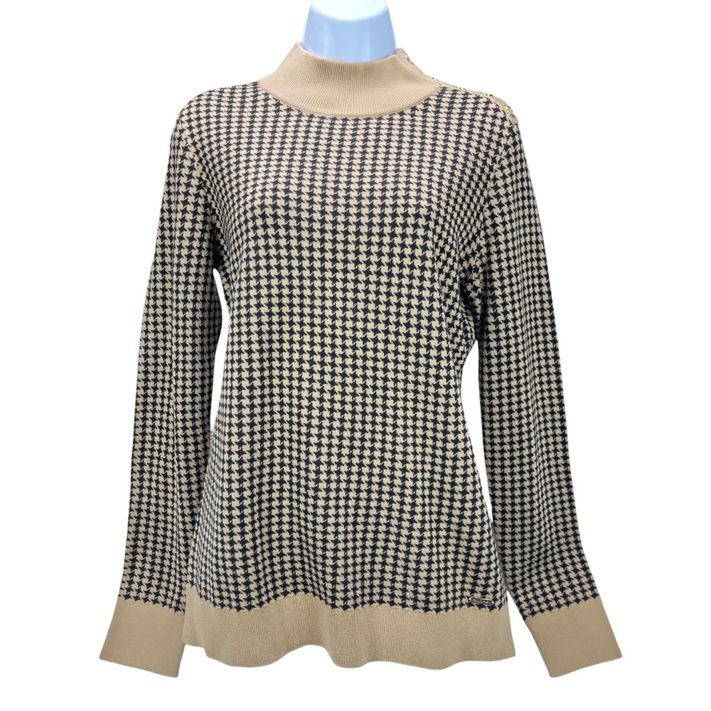 Calvin‎ Klein Women’s Small Houndstooth Mock Neck Sweater Black Tan Knit